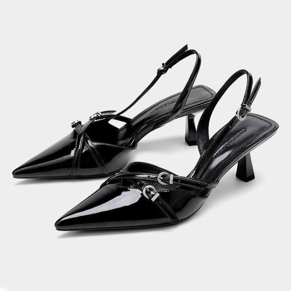 Fashion 2025 New Summer Women's Dress Shoes Patent Leather Slip on Pointed Toe Sandals Buckle Slingbacks Mid Heels Pumps Sandalias Mujer