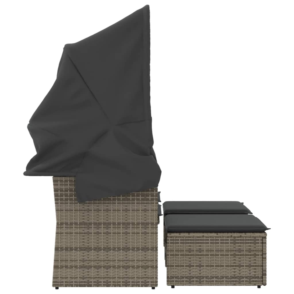 2 Seater Garden Sofa with Canopy and Footstools Grey Poly Rattan