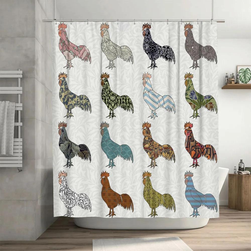 Rustic Farmhouse Decor: Handcrafted Rooster Pattern Shower Curtain For Bathroom Decoration – White Background With Blue, Green,