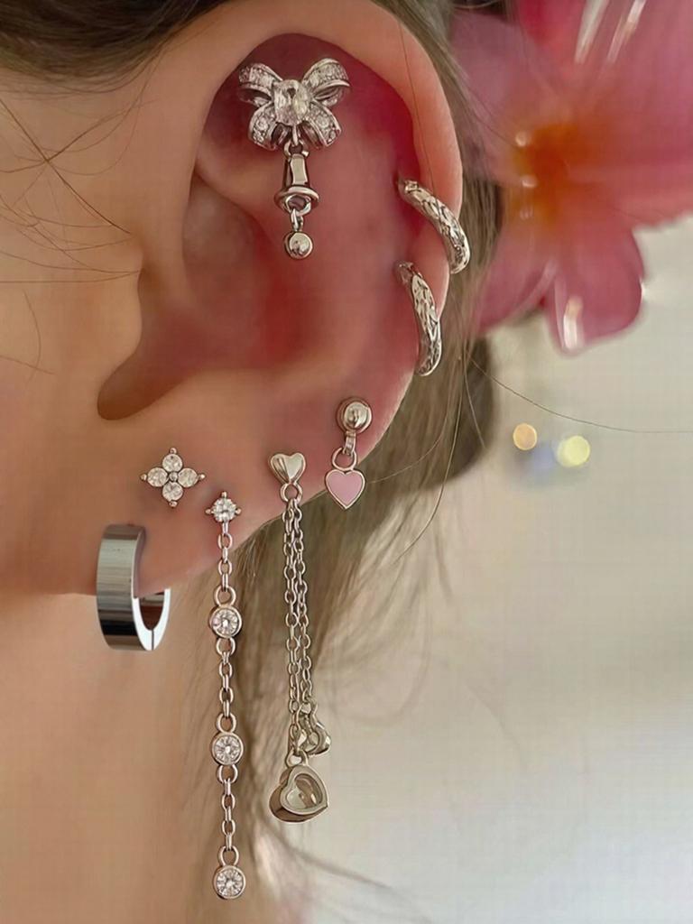 8pcs Sweet Cute Bow Multiple Stacked Earrings Suitable for Women's Daily Music Saving and Jewelry Wearing