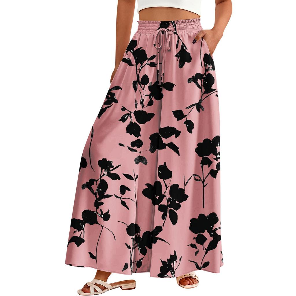 Palazzobukser for kvinner Boho blomsterbukser med vidde ben Sommerstrand med høy midje, flytende bukser med lommer