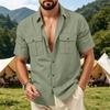 Men's Linen Button Down Shirt Short Sleeve Dual Chest Pocket Relaxed Fit Collared Utility Beach Overshirt Casual Top