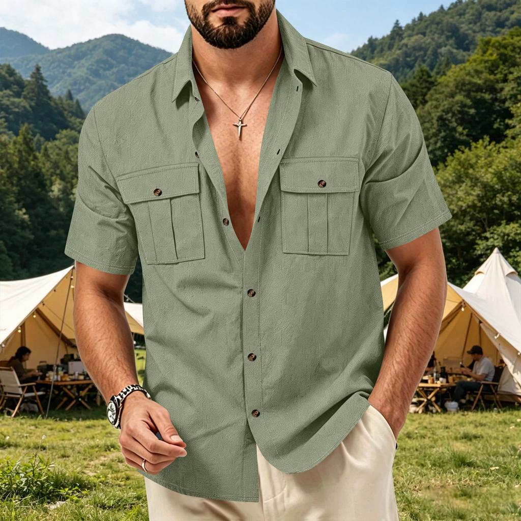 Men's Linen Button Down Shirt Short Sleeve Dual Chest Pocket Relaxed Fit Collared Utility Beach Overshirt Casual Top