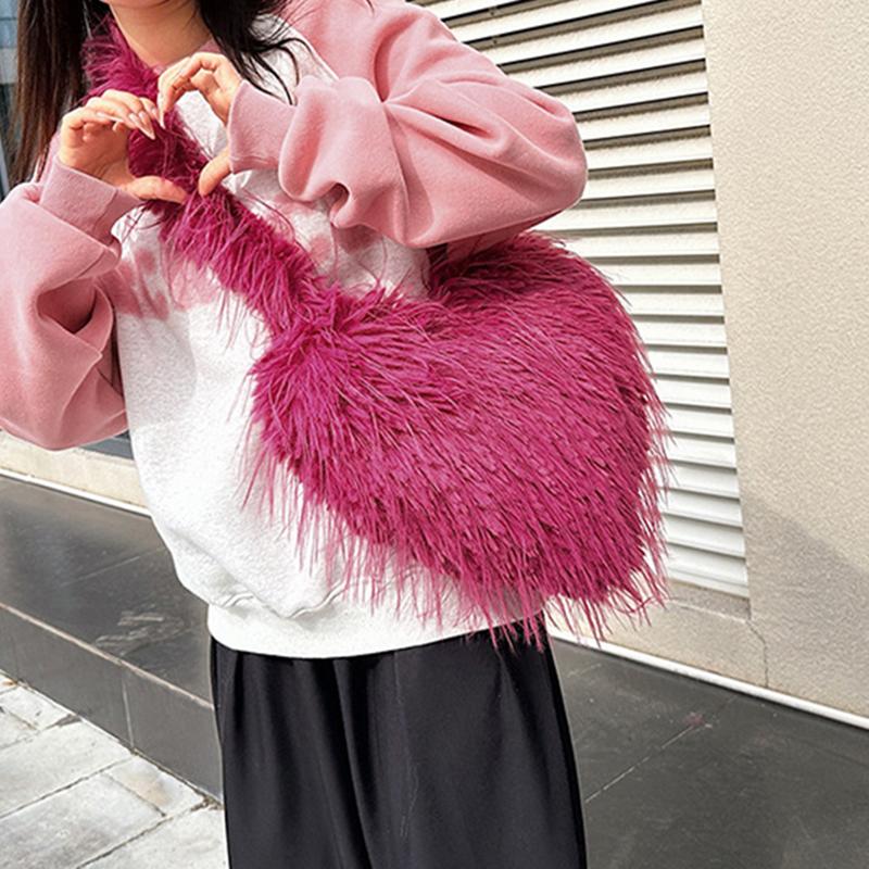 Yogodlns Long Plush Women's Large Shoulder Bag Luxury Faux Fur Female Love Shape Bags Y2k Punk Girls Fluffy Tote Handbags Crossbody Bag