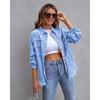 Women's Point Collar Long Sleeve Distressed Denim Jacket Loose Fit Raw Fringe Button Down Shirt