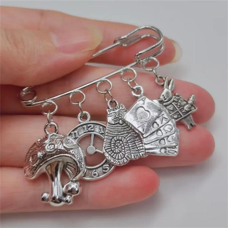 

Silver Tone Alice in Wonderland Brooch - Mushroom Cat Clock Safety Pin, Fairy Tale Charm Jewelry for Women