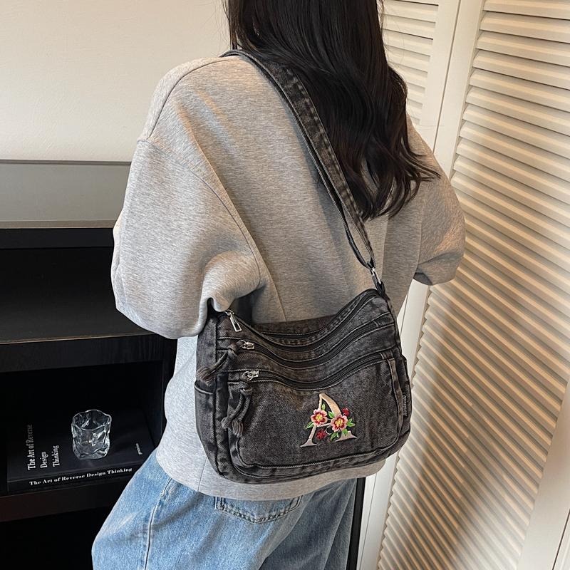 Multi-layer Denim Bag Vintage Shoulder Bag Women's Embroidered Crossbody Bag