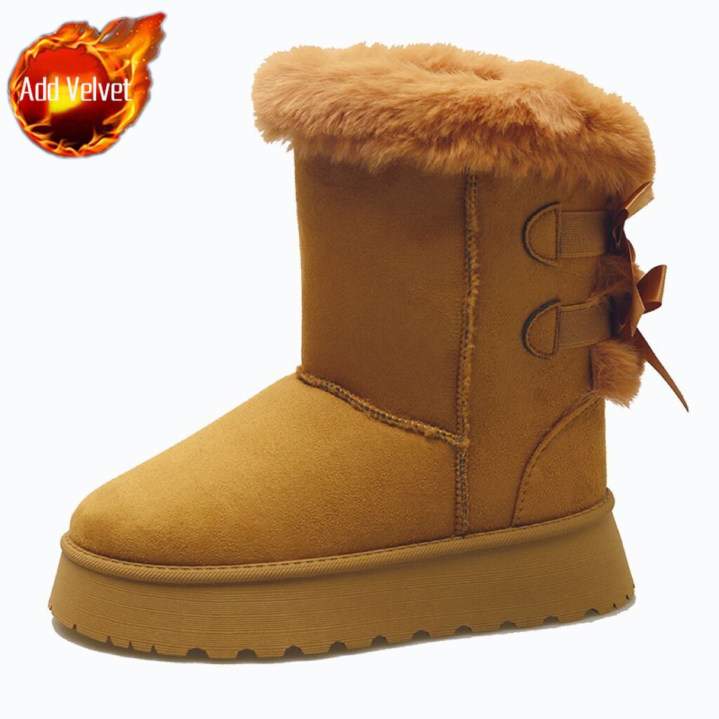 

Модные полувысокие зимние ботинки с бантом и круглым носком для женщин, зимние плюшевые теплые массивные женские туфли 2025, дизайнерская новинка, роскошная модная обувь 41