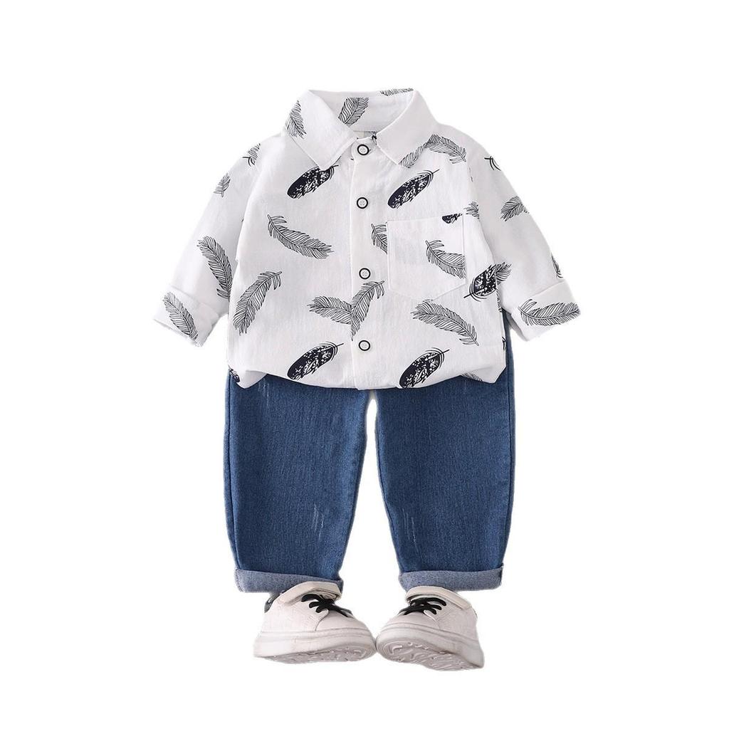 Boys' Cartoon Print Long Sleeve Top & Elastic Jeans Two-Piece Set