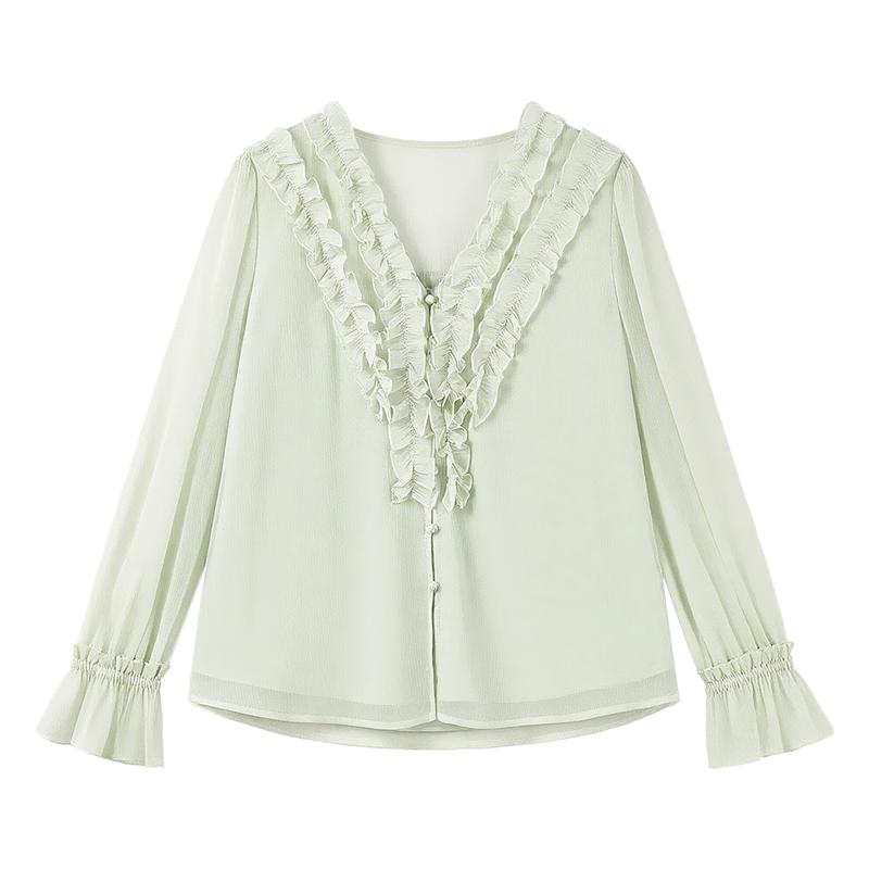 Stylish Ruffle V-Neck Blouse with Tie Detail L