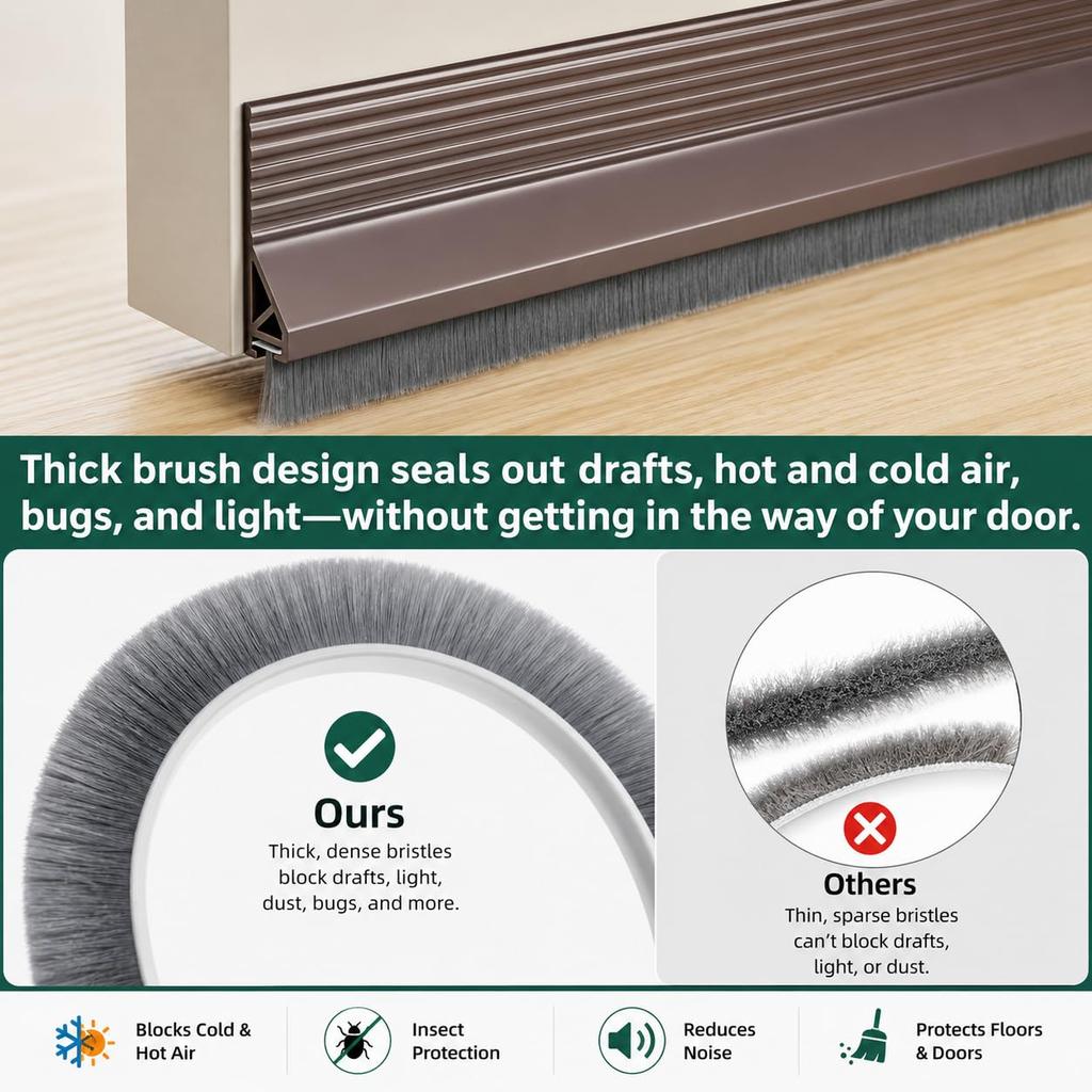 39-Inch Silicone Self-Adhesive Door Bottom Brush Strip with High-Density Dust Sealing Under-Door Weather Stripping for Home Insulation Noise Reduct