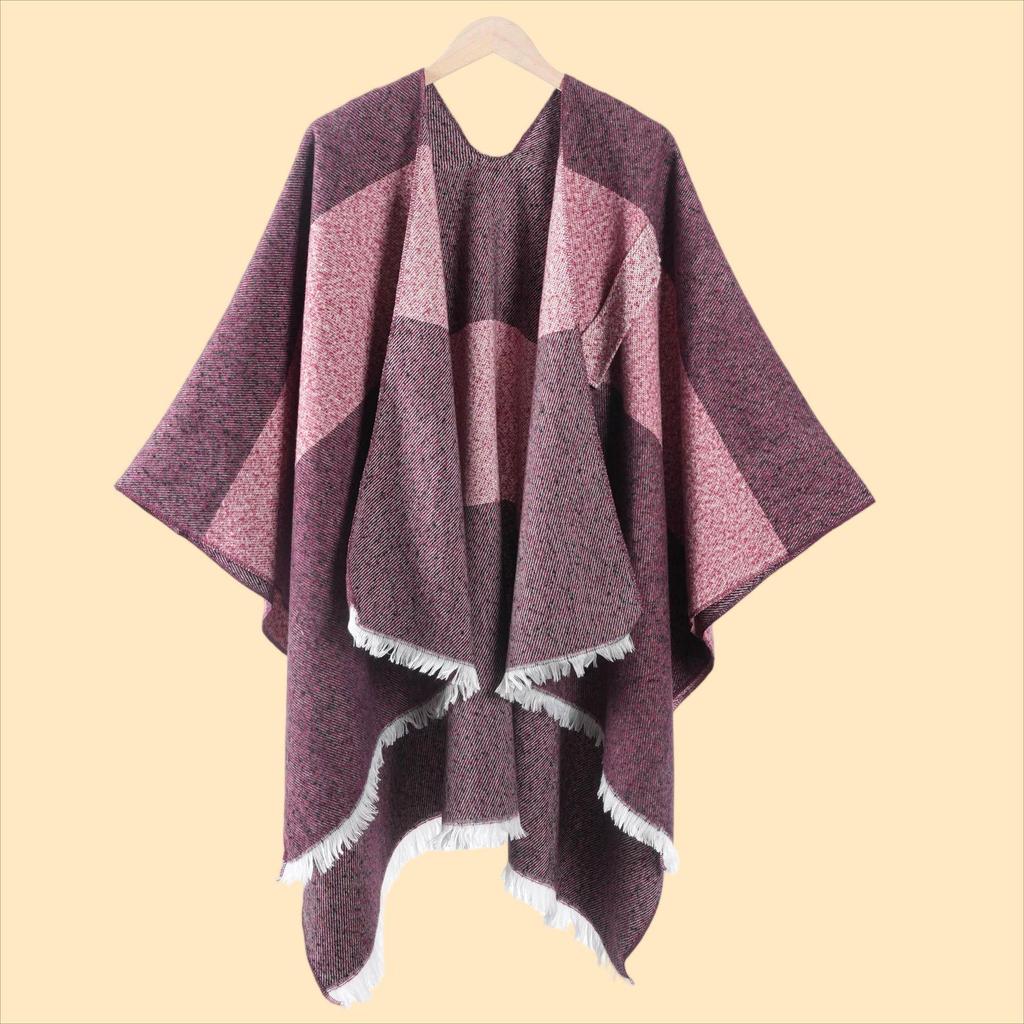 Damen Herbst & Winter Doppelseitiger Faux-Kaschmir Umhang Schal - Einfarbig mit Schlitz