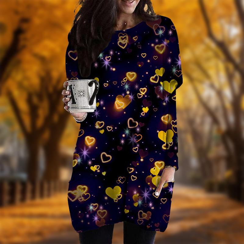 New In Autumn Neon Love Print Plus Size Dress Women O'neck Long Sleeves Casual Pocket Dresses