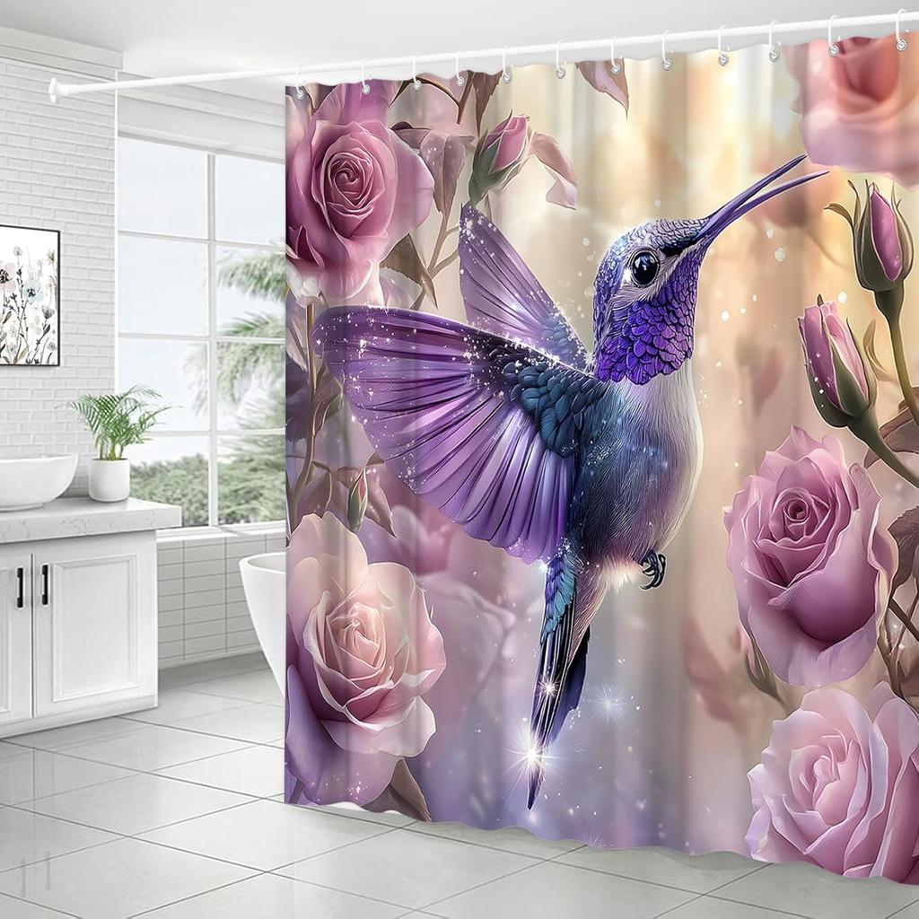 Hummingbird Flower Shower Curtain Spring Purple Rose Floral Birds Tropical Animal Rustic Nature Fantasy Garden Elegant Women