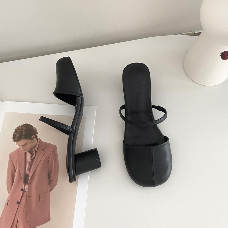 Fashion New Red Black Round Heel Minimalist Sandals Summer Women's Coarse Solid Color Fashionable French High-heel Slippers Size 39
