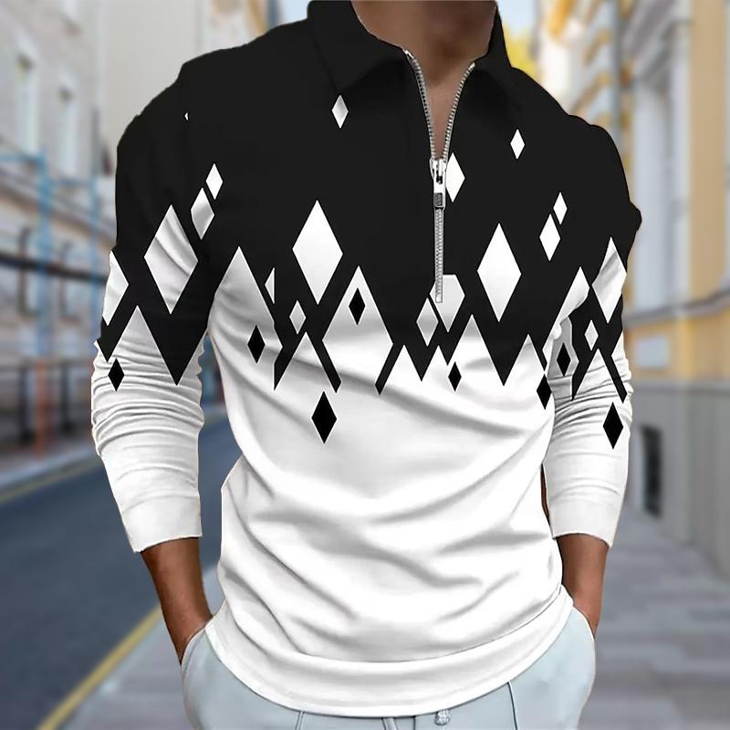 Polo Shirts Men Long Sleeve Falling Diamonds Print New Men's Polo Shirt Long Sleeve Zipper T-shirt Top