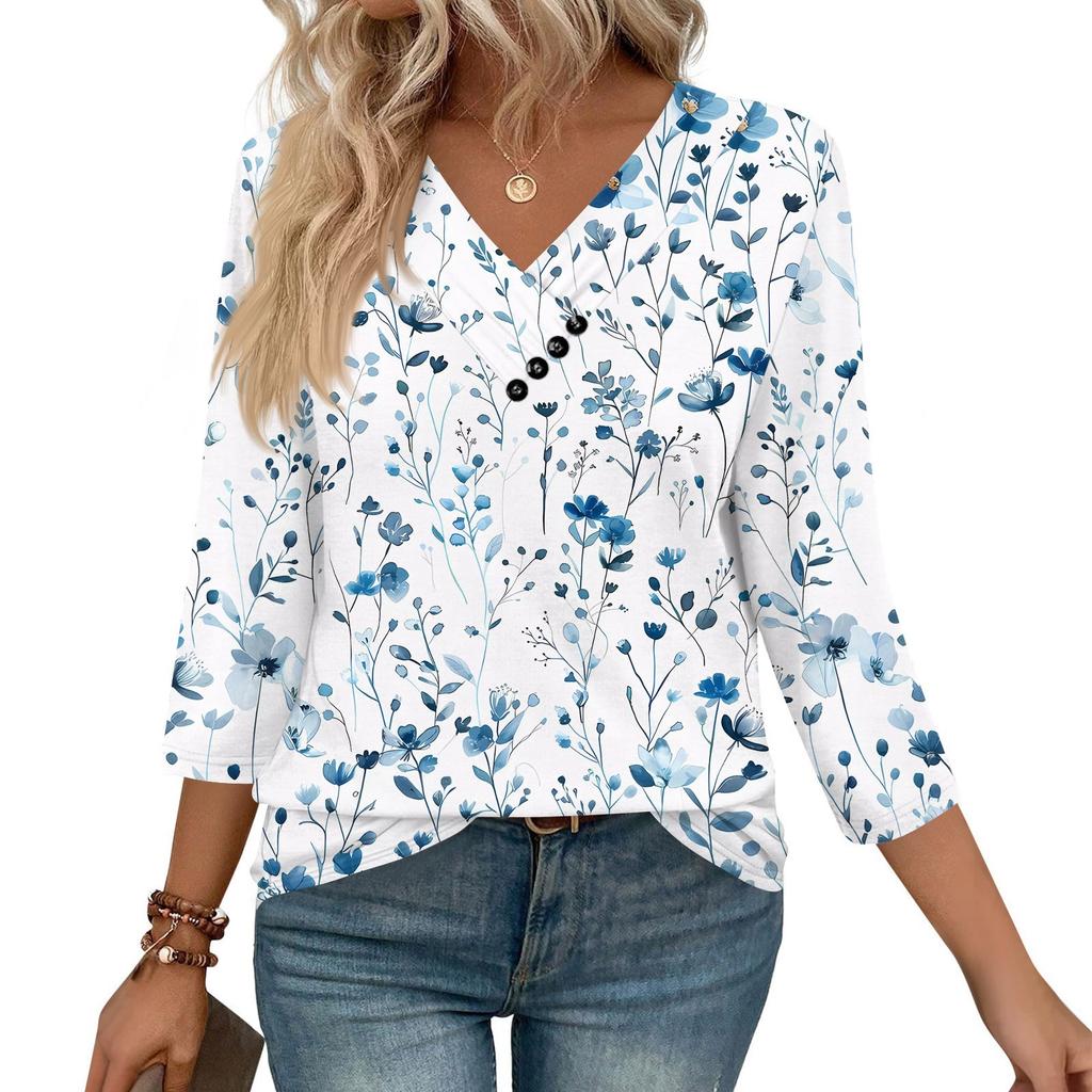 Dames Print Top Knoopsluiting V-hals T-shirt 3/4 Mouw Losse Mode Top
