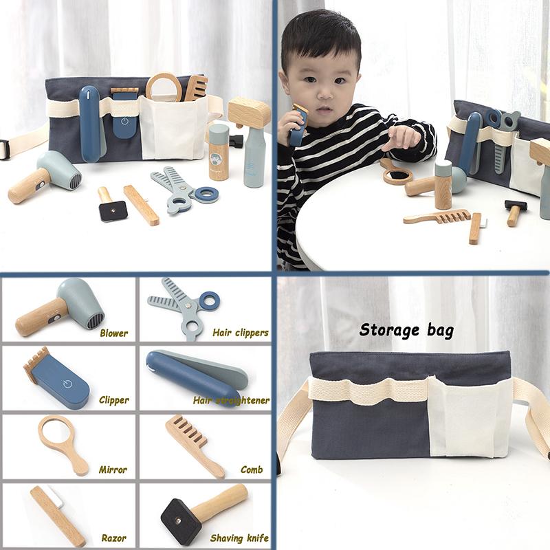 Kids Wooden Makeup Haircut Toy Beauty Fashion Salon Playset Games Combs Hair Dryer Pretend Play House Barber Makeup Kit Girl Toy