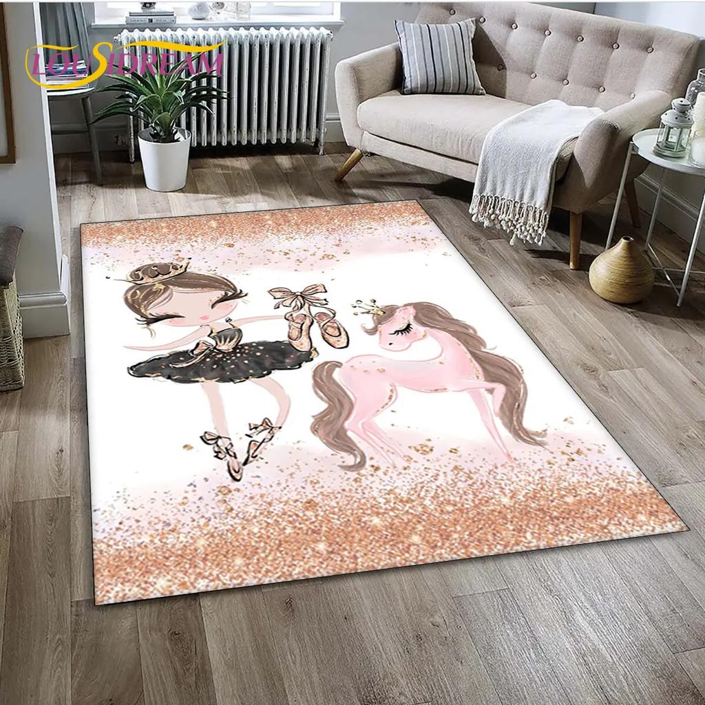 3D Cute Ballet Girl Ballerina Unicorn Cartoon Area Rug,Carpet for Home Living Room Bedroom Sofa Doormat Decor,Non-slip Floor Mat