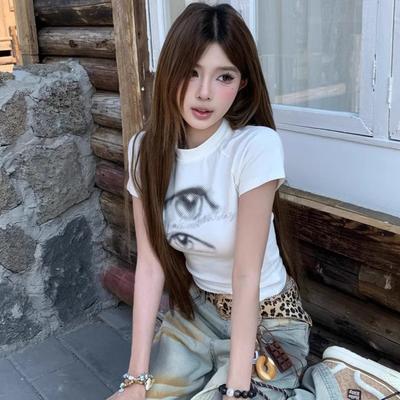 Sommer T-Shirt junges Mädchen Mode Vintage Print Damen O-Ausschnitt Baumwoll-T-Shirts Kurzarm Lässig Slim Tees Kleidung Weiblich weißes Crop-Top
