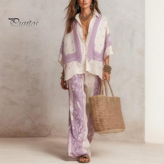 Skin-friendly Women Top Women's Boho Cotton Linen 2 Piece Sets, 3/4 Sleeve Printed Shirts Comfortable Travel Clothes And Wide Leg Pants Matching Loose