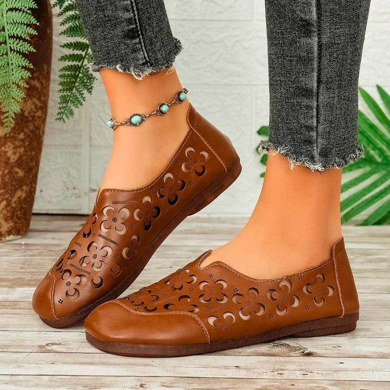 Fashion Women's Fashion Round Head Shallow Mouth Set Foot Hollow Non-slip Wear-resistant Single Shoes Spring Soft Soled Flat Shoes
