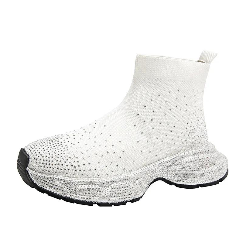 Fashion 2024 New Water Diamond High-top Sports Shoes for Women with Elastic Socks Boots and Spongy Breathable Casual Elevated Shoes