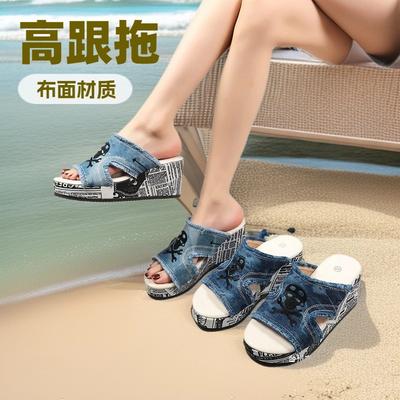 Europe, America 2025 Summer One-word High-heeled Slippers Women's Slope Heel Thick-soled Denim Beach Cool Slippers Foreign Trade