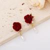 Red Velvet Rose Flower Earrings Retro Pearl Earrings Temperament New Flocked Bridal Dress Stud Earrings Jewelry