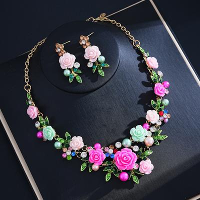 French Gentle Pink Rose Flower Pearl Necklace Earrings Set Mori Fresh Bridal Dress Accessories Women's