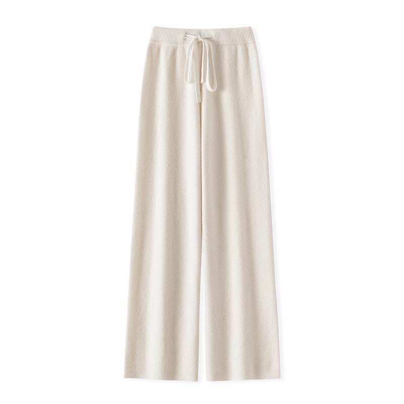Women's High-Waist Wool Wide-Leg Pants: Autumn/Winter, Thick & Warm, Casual, Long, Knitted, Straight-Leg.