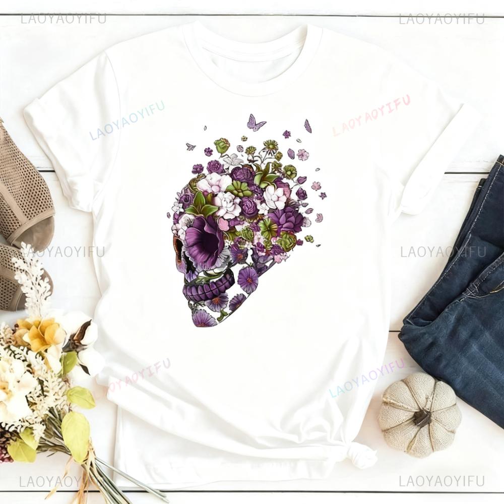 Flower Sugar Skull Shirt Day of The Dead Skull TShirt Dia De Los Muertos TShirt Festival Costumes Women Fashion Casual Tee Tops S