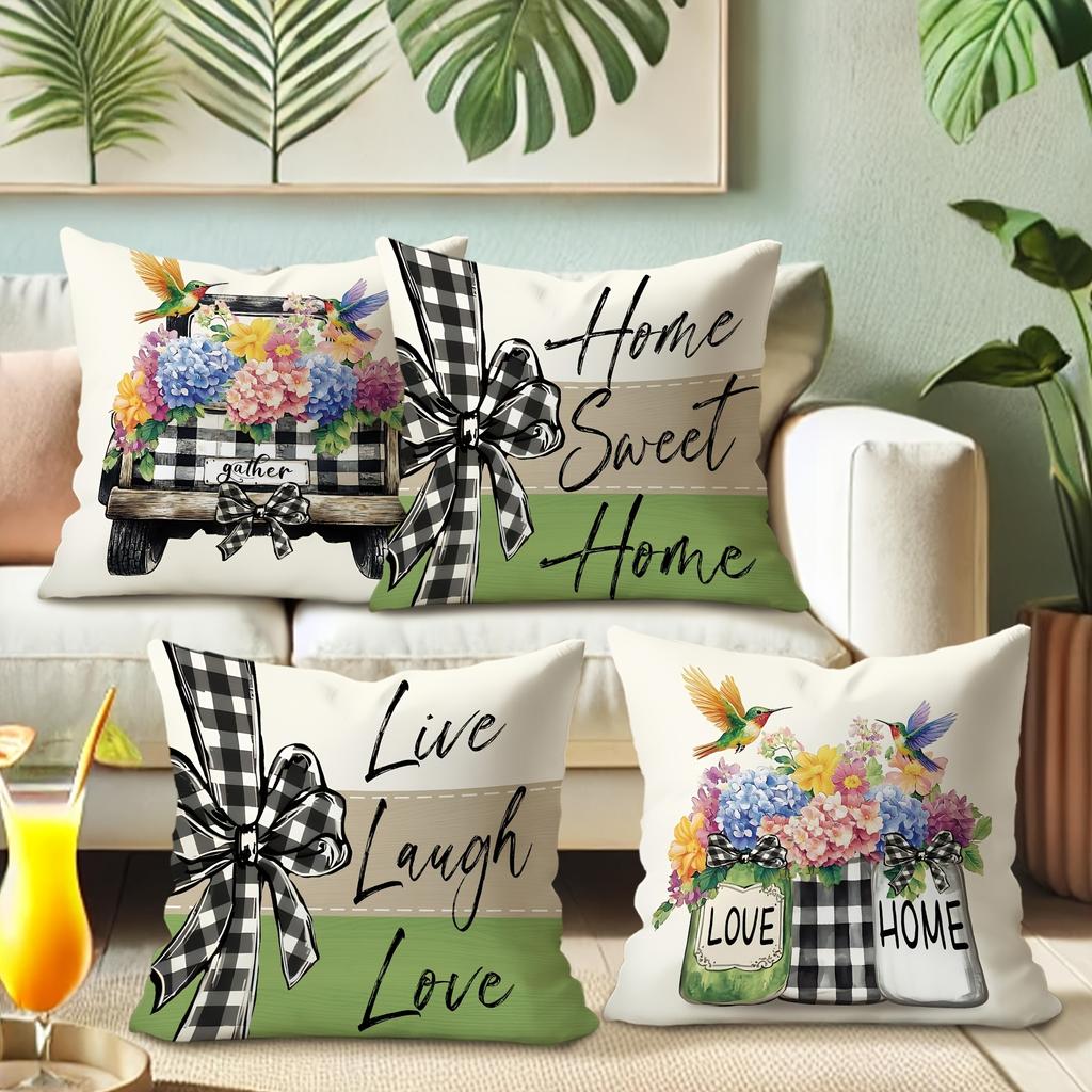 Charmante Kissenhülle im Landhausstil: Retro-LKW, Bunte Blumen und Warme Wohnmöbel, Sofakissen- und Stuhlkissenbezug