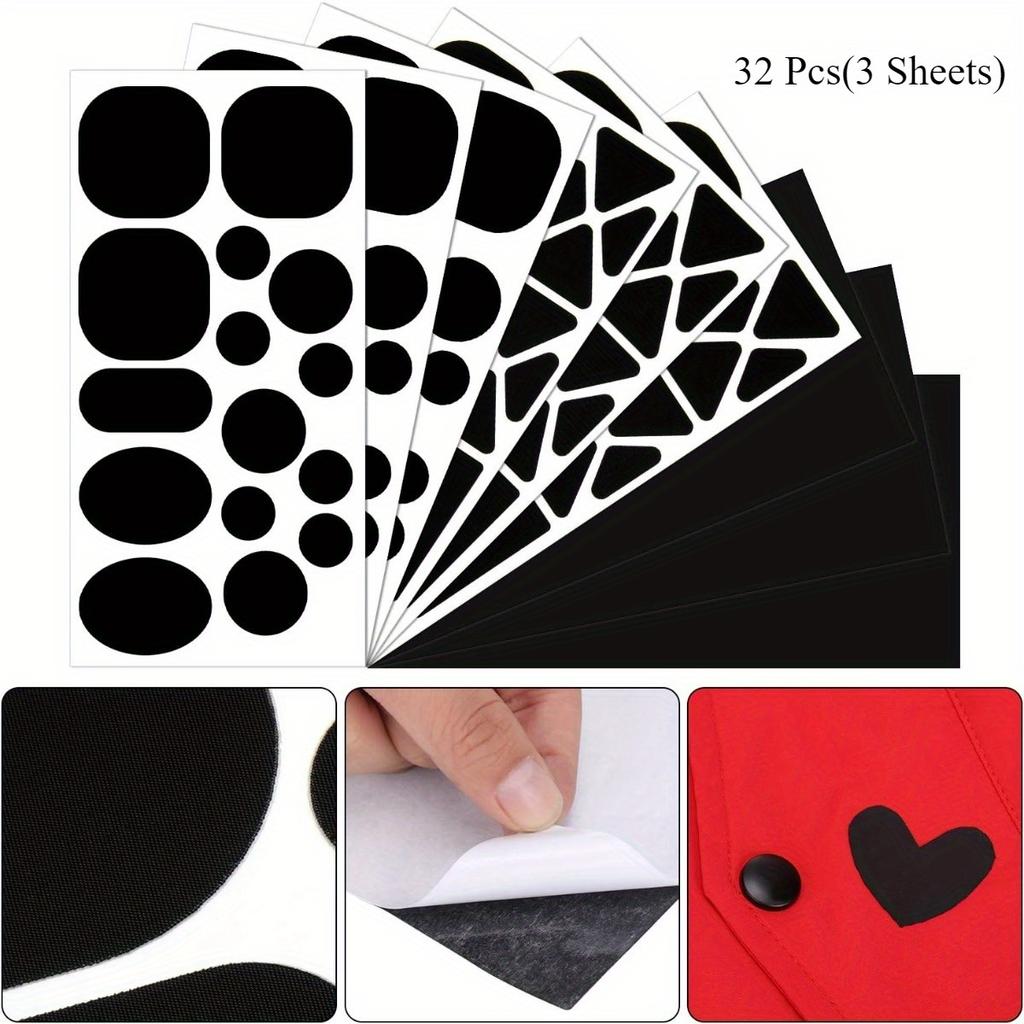 32pcs (3 Sheets) Heavy-Duty Self-Adhesive Nylon Repair Patches - No-Sew Clothing, Jacket, Tent, Fabric Fixes - Strong Adhesive Backing
