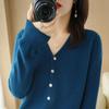 Suéteres de punto de lana de manga larga con cuello en V y estampado de colores sólidos para otoño e invierno para mujer