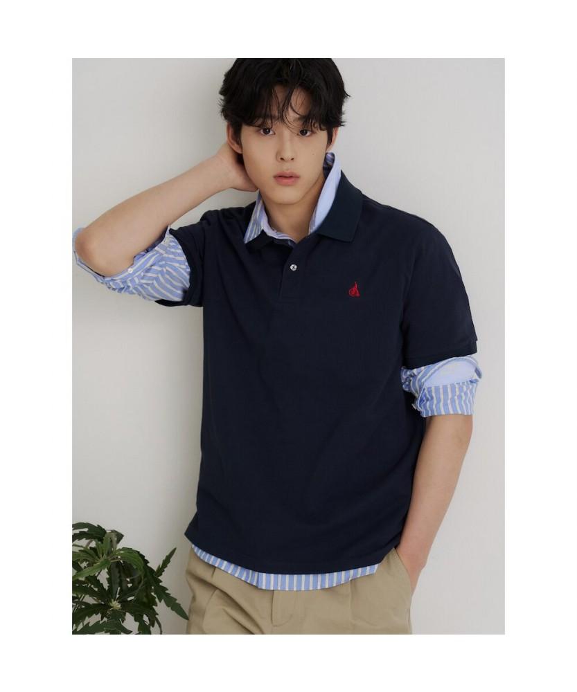 Binpolmen [Essential] Pique Collared Short Sleeve T-Shirt Navy