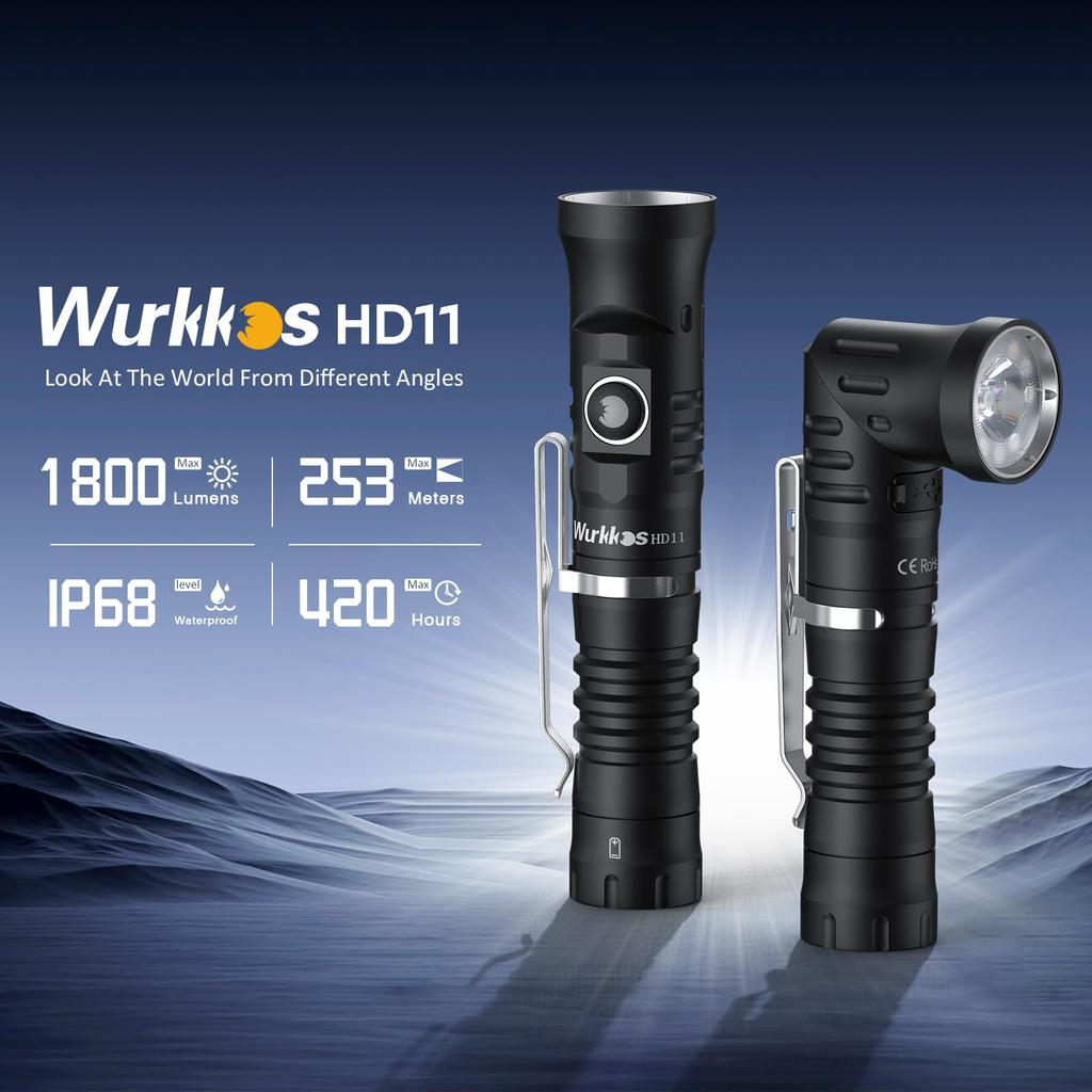 Wurkkos LED 1800 Lumens Rechargeable Flashlight Light Work Adjustable IPX8 Waterproof for Camping and Emergency Repairs Flashlight, HD11,