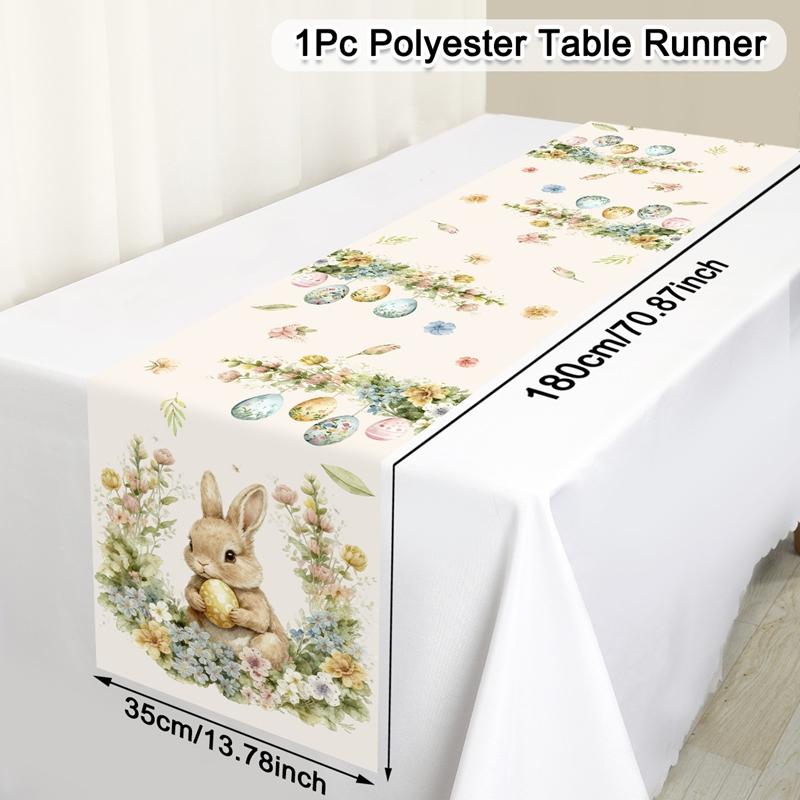 Vintage Easter Bunny Table Runner Polyester Rabbit Eggs Flower Table Cover Easter Decoration For Home Kitchen Dining Table Decor