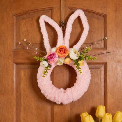 Easter Bunny Wreath for Front Door Yarn Wrap Rabbit Shaped Wreath with Artificial Flowers for Spring Porch Wall Window Decor