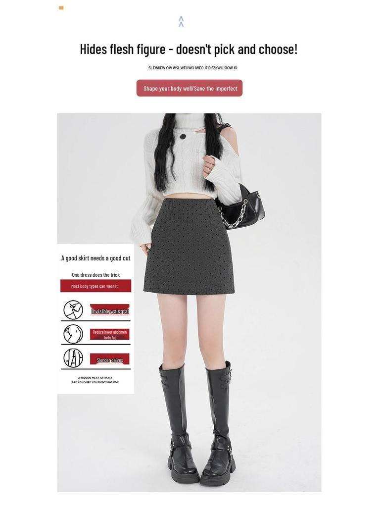 Women's High-Waisted Gray Polka Dot Woolen Half-Skirt - Slimming, Thickened, Petite Fit for Autumn/Winter 2025