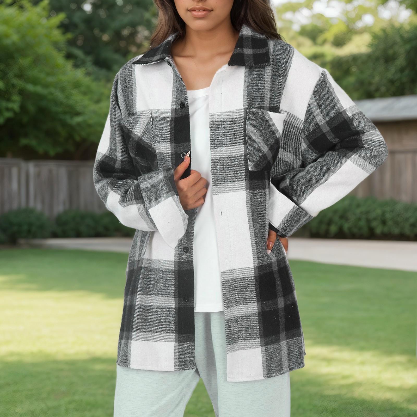 Женское пальто осень и зима клетчатая рубашка пуговицы модное шерстяное пальто XL хаки — фото 5