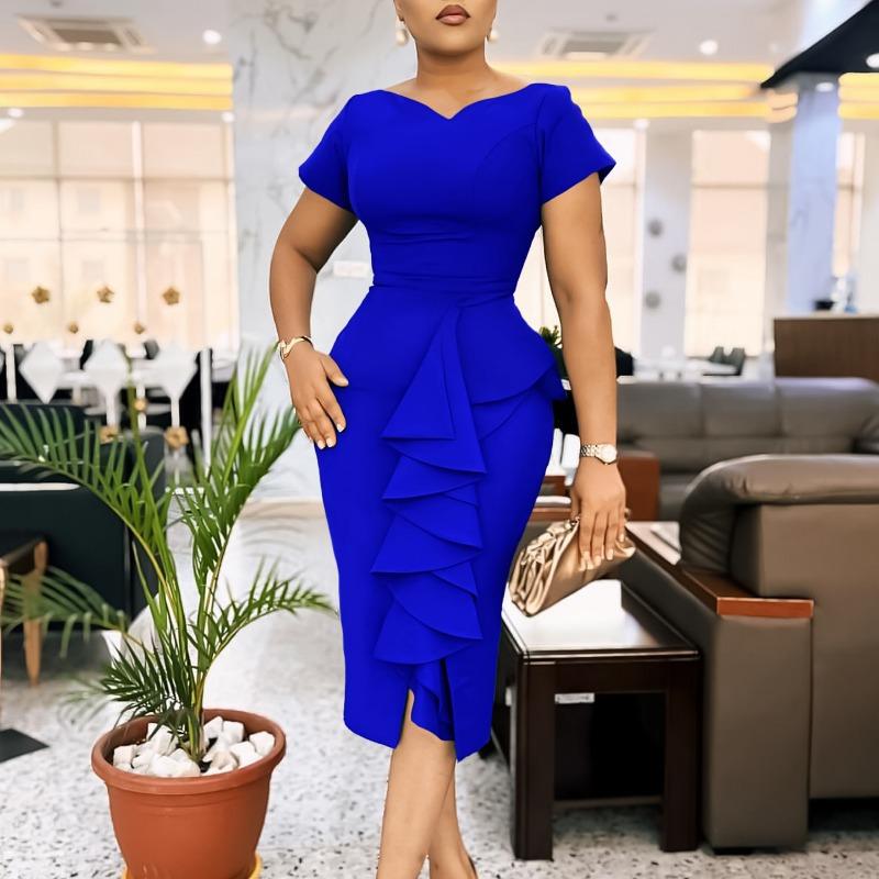 Large size women's clothing new short-sleeved solid color hip-wrapped ruffle leaf edge high-waisted Tongle dress