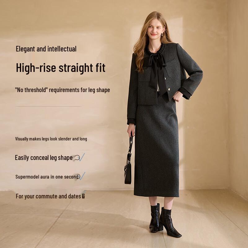 Xiangying Women's Old Money Style Gray Straight Skirt