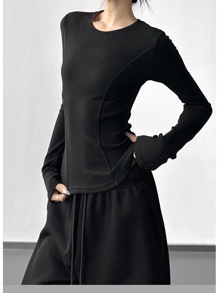 2025 Winter Women's Slim Fit Plus Velvet Long Sleeve Round Neck T-shirt