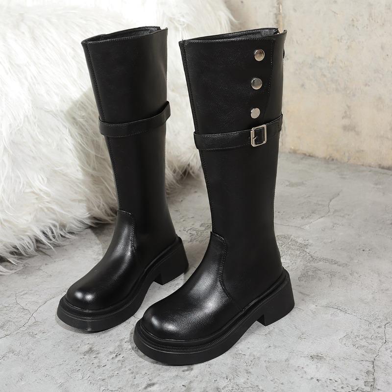 New Style Square Heel Over The Knee Modern Boots Winter Slip-on Round Toe Ladies Shoes Hot Sale Mid Heel Solid Belt Buckle Boots