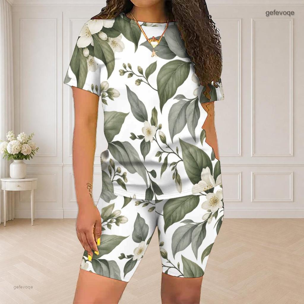 Women Plus Size Rose Floral Printed Round Neck Short Sleeve Top And Fitted Shorts Two Piece Set