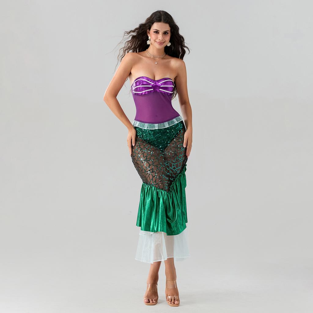 Women's Mermaid Party Costume, Strapless Tube Tops Ruffle Sequin Long Tail Cosplay Fancy Dress