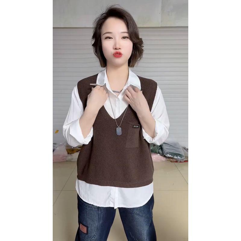 

Вязаная верхняя одежда с V-образным вырезом, модный жилет в повседневном стиле чистого цвета Coffee All yards