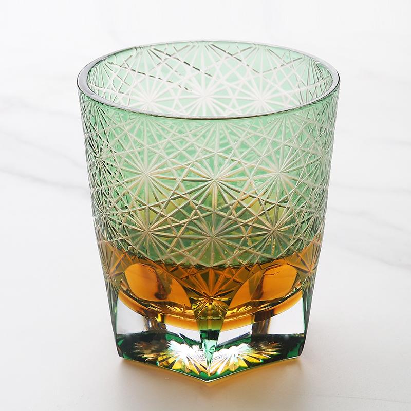 Handcrafted Edo Kiriko 240ml 320 ml Amber Colored Rocks Whiskey Tumbler Cocktail Glass for Home Bar Decor