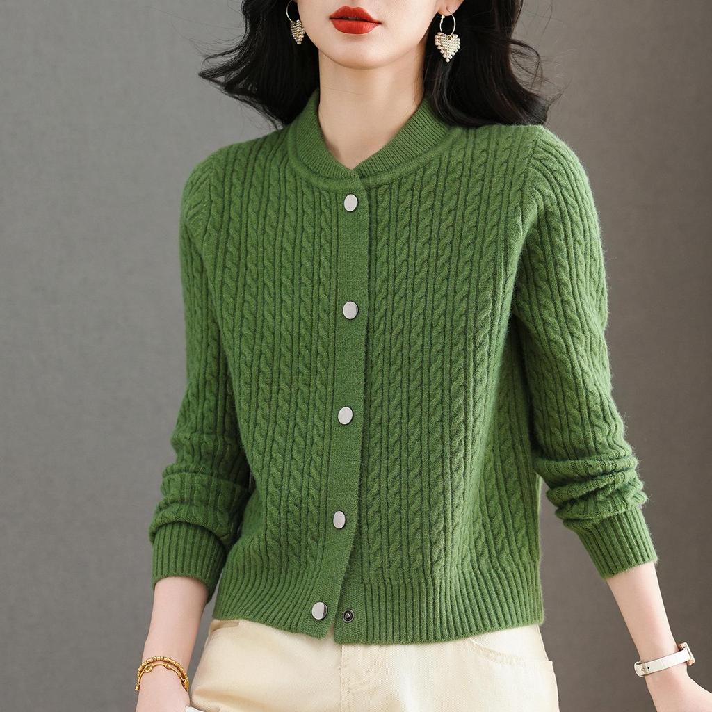 2025 Autumn/Winter Women's Thick Cable Knit Round Neck Cardigan Sweater Coat